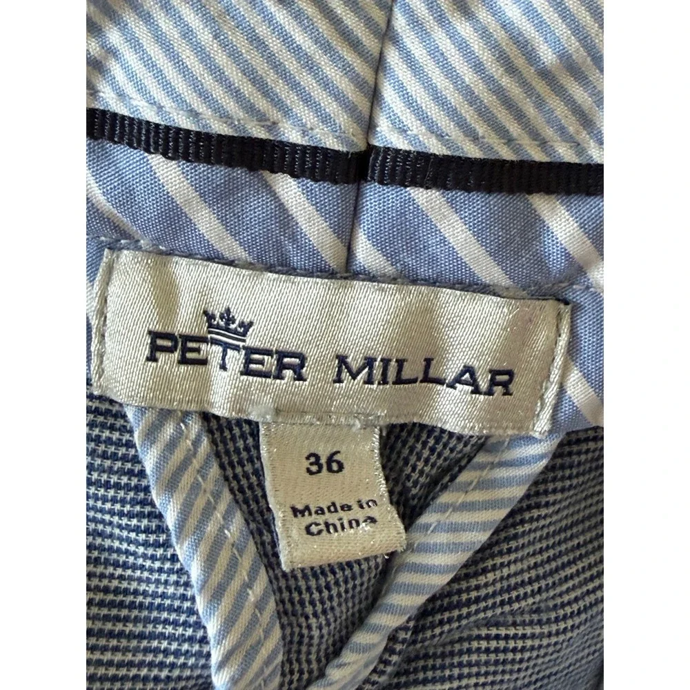 Peter Millar Shorts Mens 36 Chino Blue White Micro Check Linen Blend Flat Front